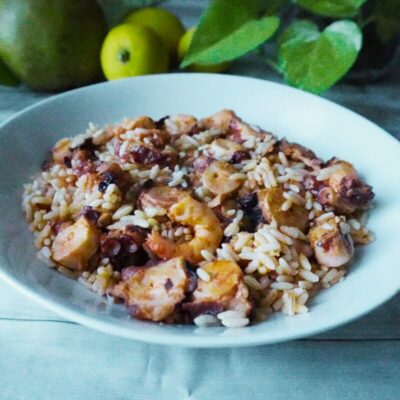 Plato de arroz con pulpo y gambas