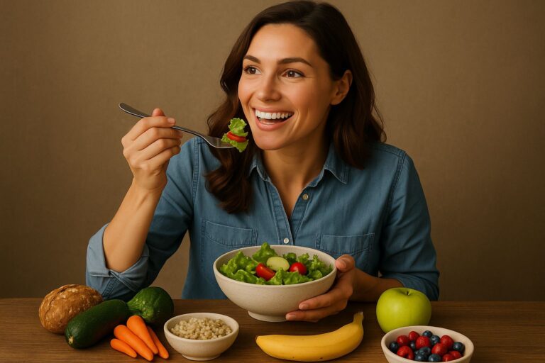 chica feliz comiendo una ensalada
