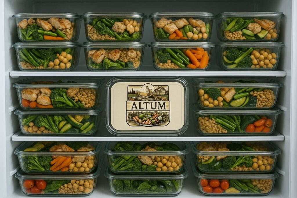 Nevera llena de tuppers a domicilio para empresas de Altum Foods